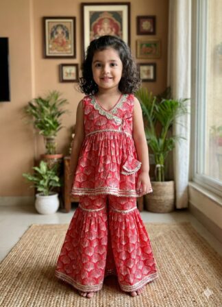 Red Sharara with White Shell Design