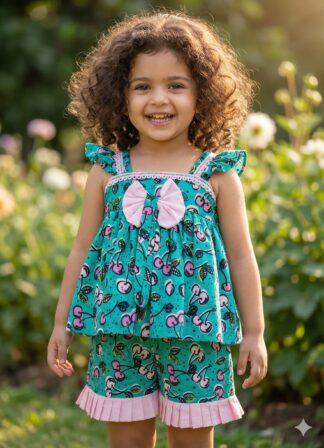 Green Shortset with Cherry Print