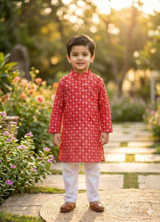 Red white checks print kurta pyjama