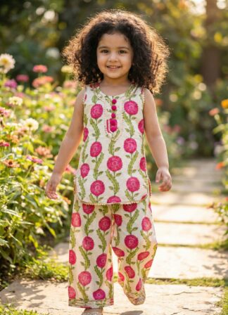 Cream kurta and plazo set with pink flowers