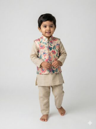 Cream pink floral koti with cream kurta pyjama