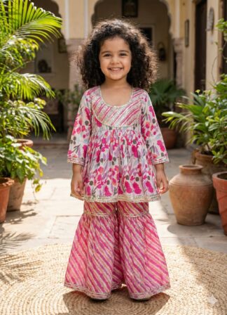 White Pink Flower Sharara with Pony Sleeves