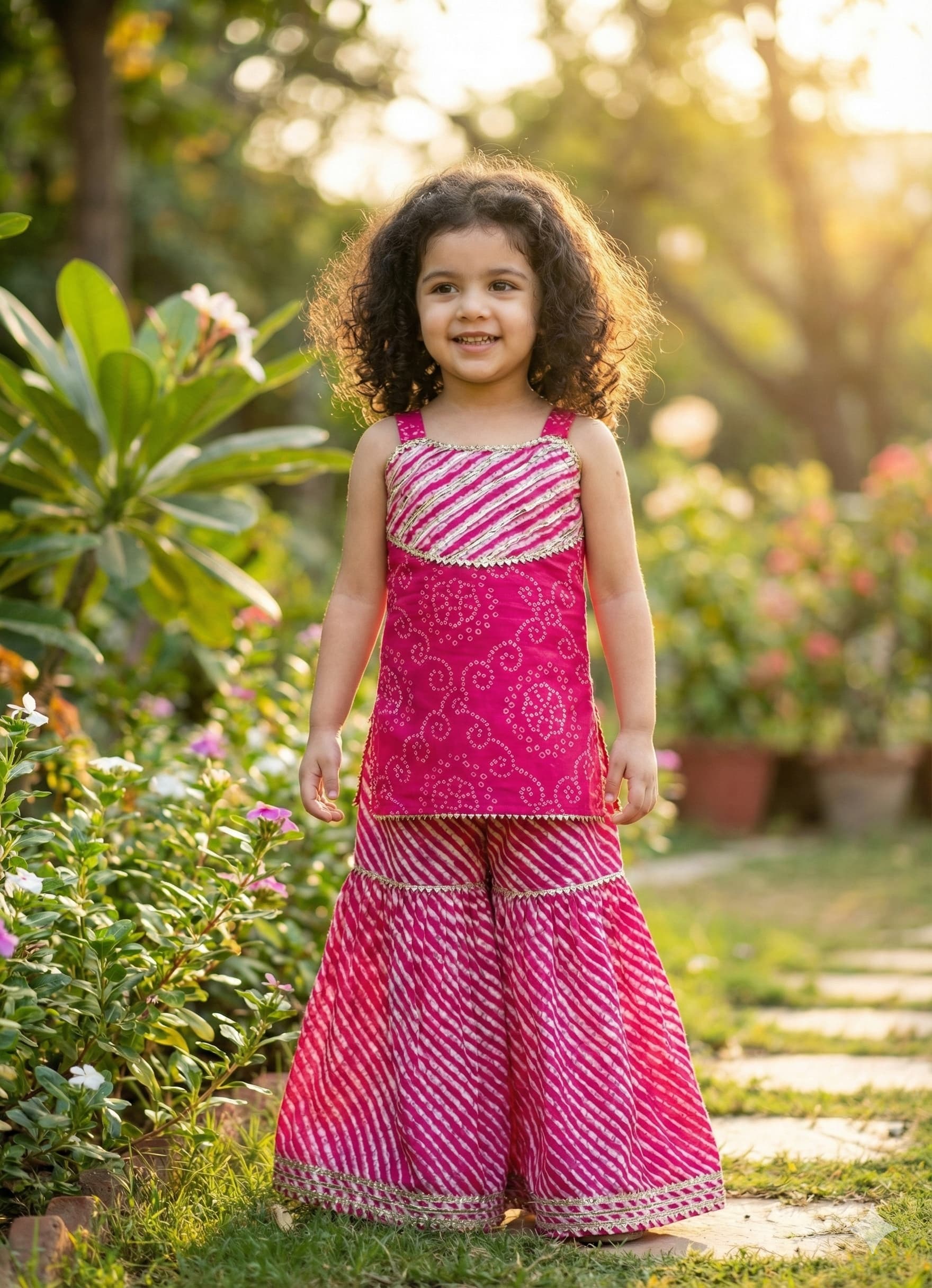Pink bandhni lehriya sharara set