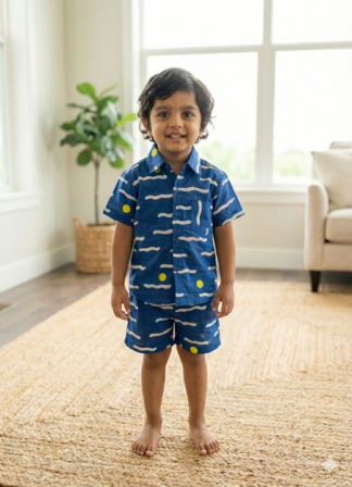 Blue white waves printed coord set