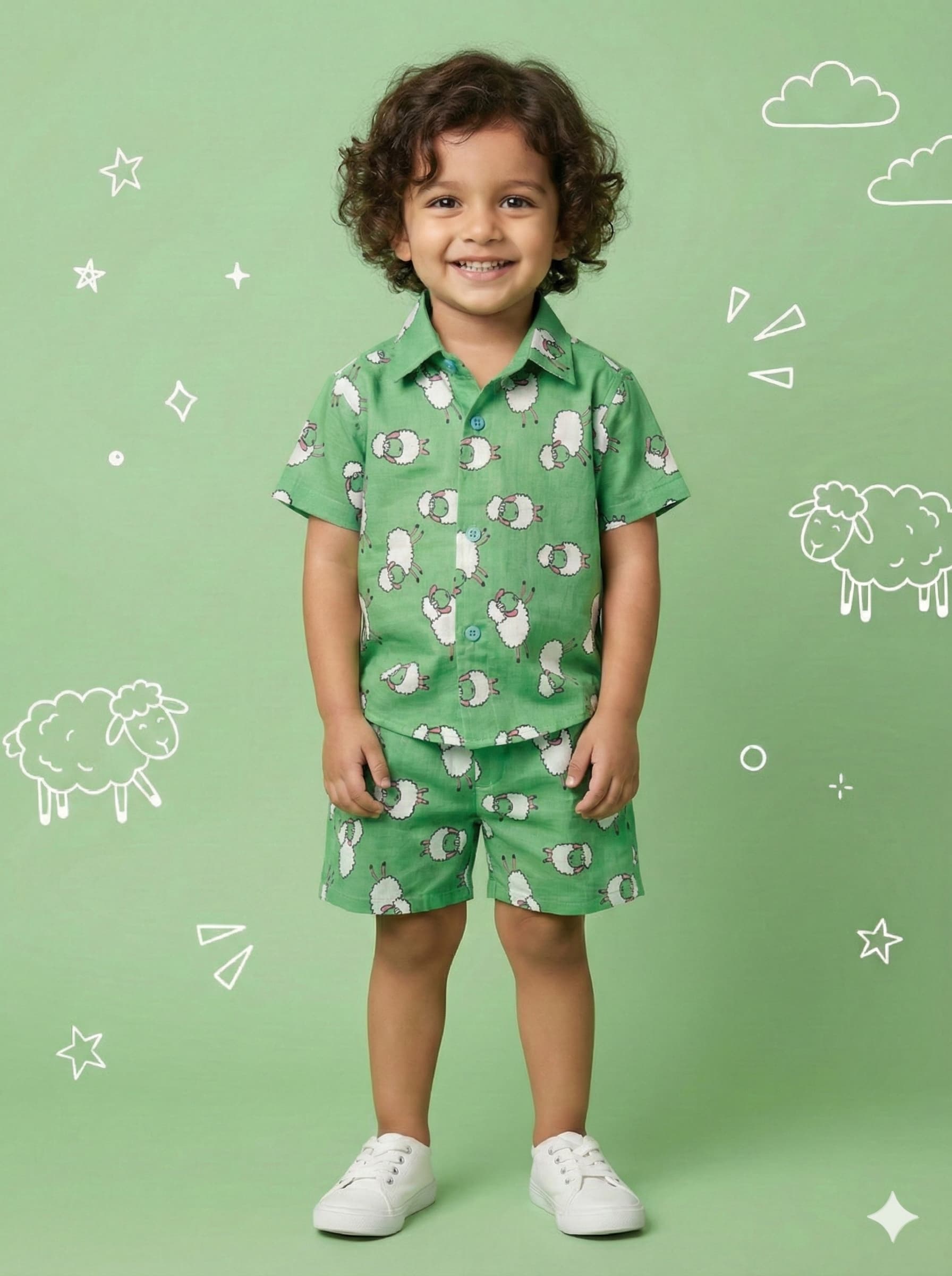 Green sheep printed cotton coord set