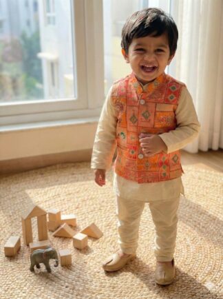 Peach pink printed koti with cream kurta pyjama