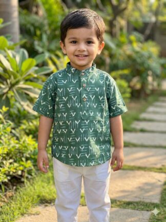 Green Block Printed Short Kurta