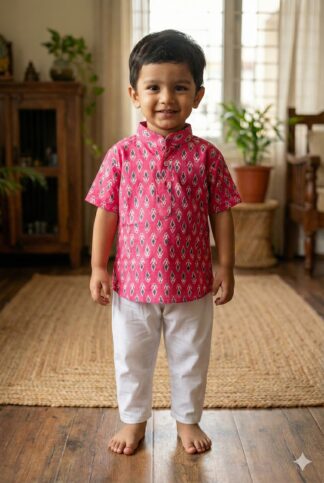 Pink white sanganeri printed short kurta