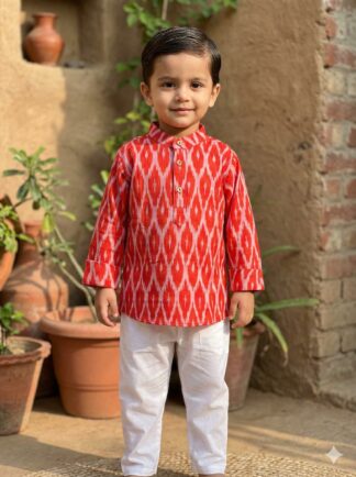 Orange White Ikkat Short Kurta