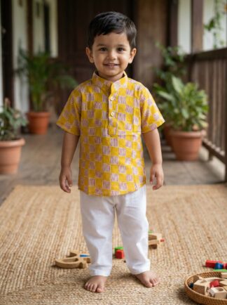 Mustard yellow block print short kurta