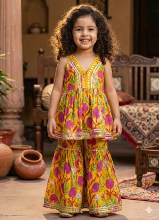 Yellow Sharara with Pink Flowers