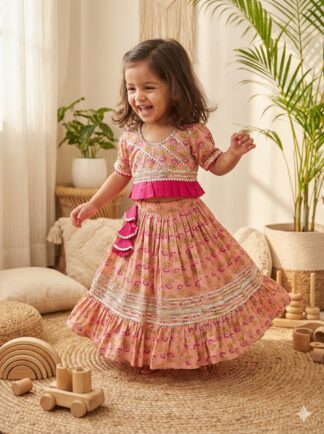 Peach Lehanga with  pink Flowers