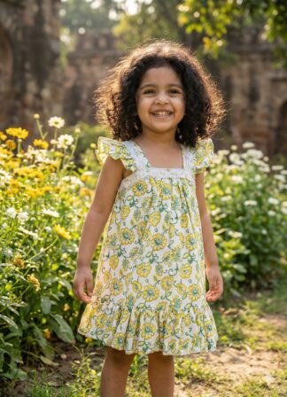 Cream A line frock with yellow flowers