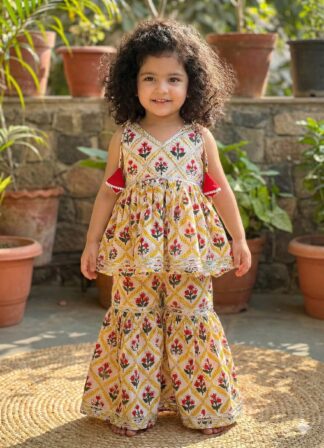 Yellow Checks with Red Flowers Sharara