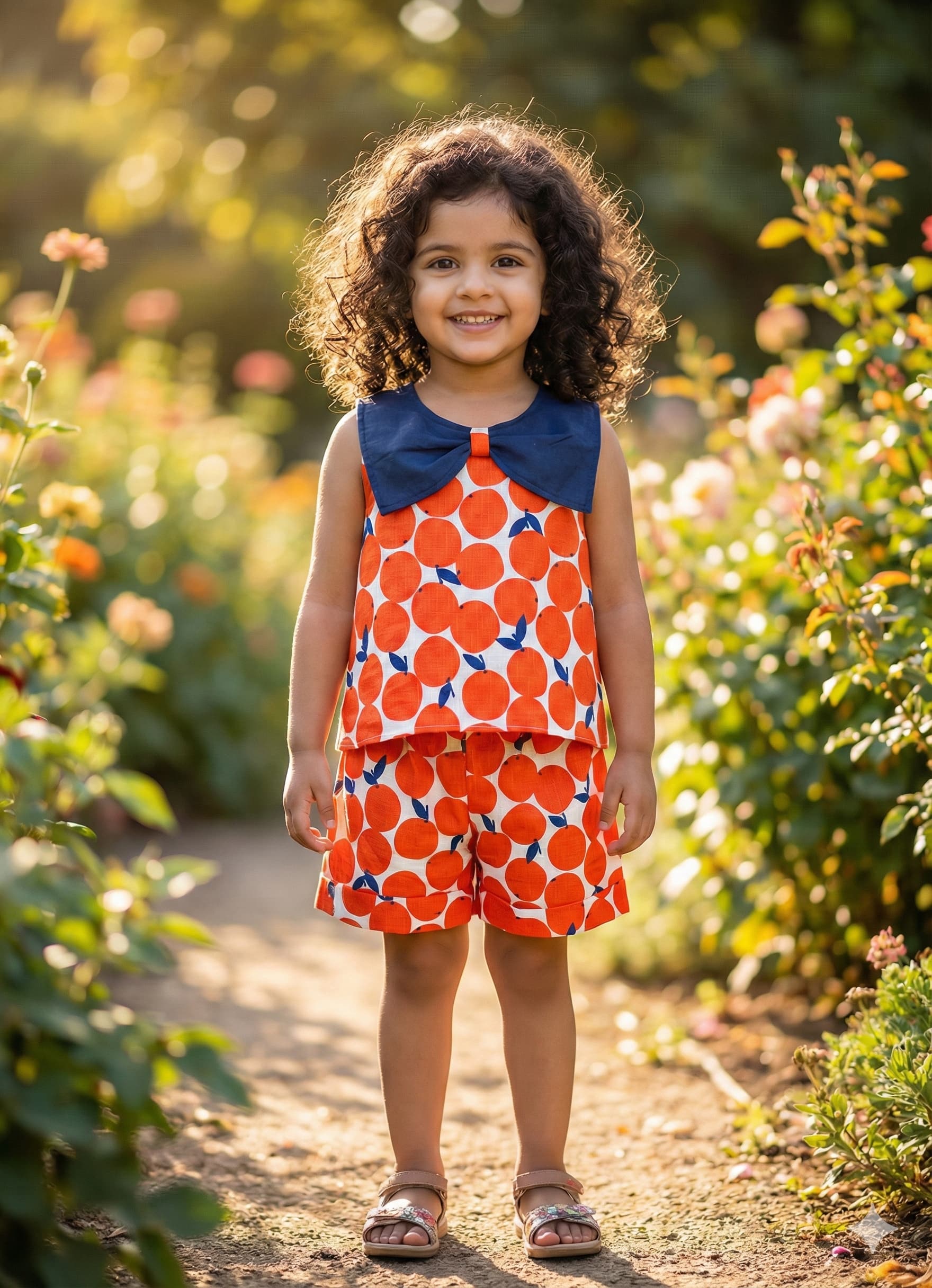 Orange Print Short Sets with Bow Collar - Image 2