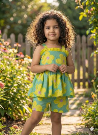 Green Short Set with Yellow Flowers