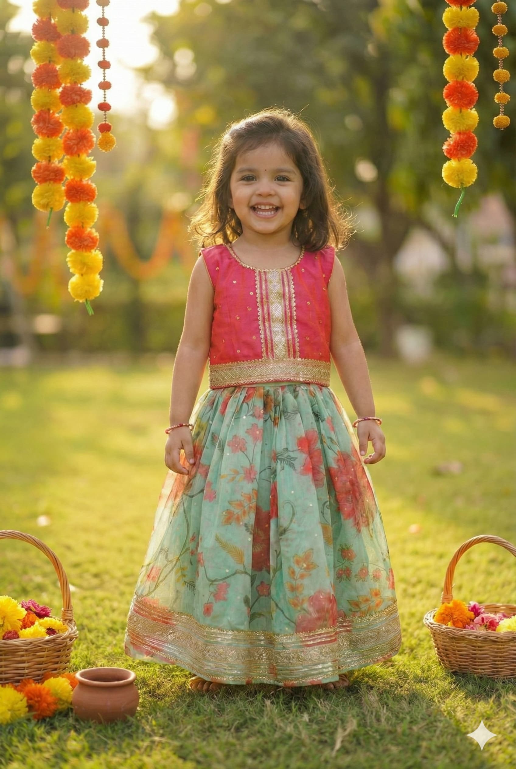 Sea Green Floral Chanderi Lehanga - Image 2