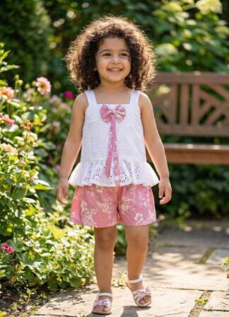 White Pink Schiffli Short Sets