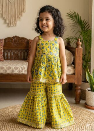Yellow Sharara with blue Flowers w/o Sleeves