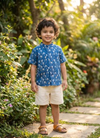 Blue shirt with white flower print pure cotton shirt