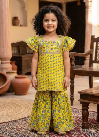 Yellow Sharara with blue Flowers with umbrella Sleeves