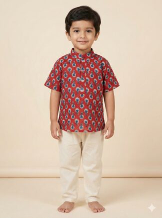 Red sanganeri printed short kurta