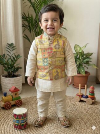 Yellow green printed koti with cream kurta pyjama