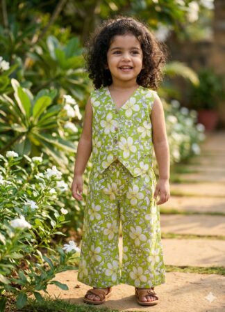 Green Flower Waist Coat Patterened Plazo Set