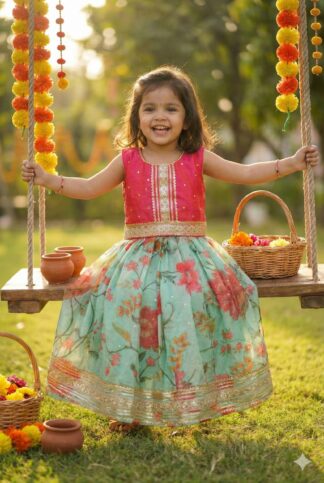 Sea Green Floral Chanderi Lehanga
