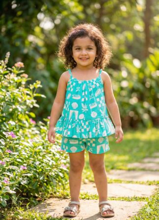 Sea Green Jute Cotton Short Sets