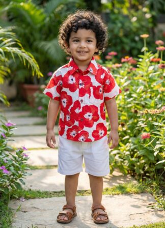 Red white flower print pure cotton shirt