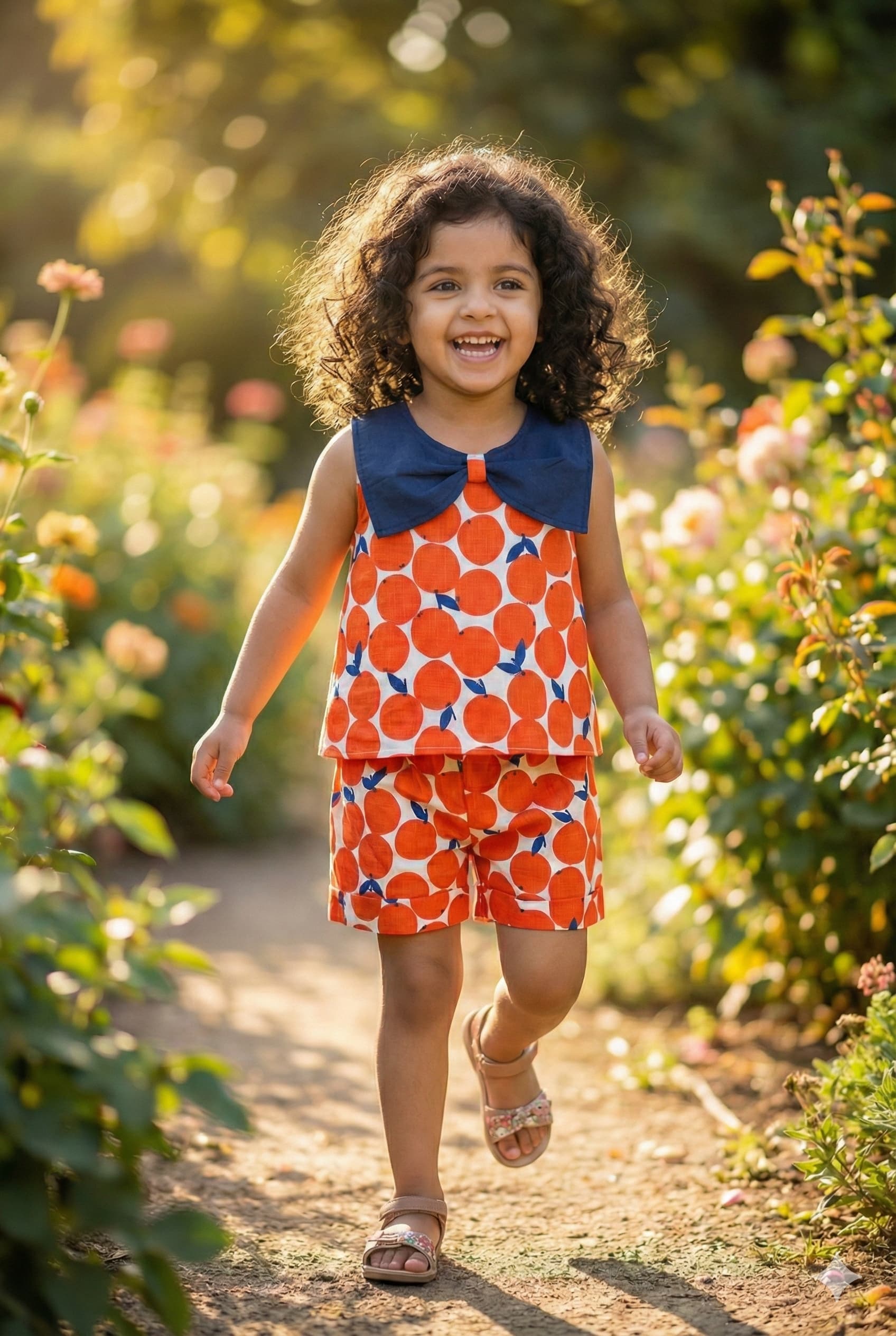 Orange Print Short Sets with Bow Collar