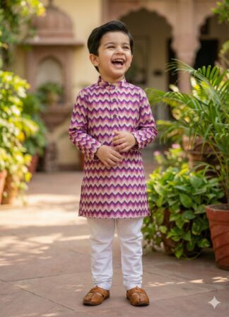 Purple cream zig zag silk kurta pyjama set