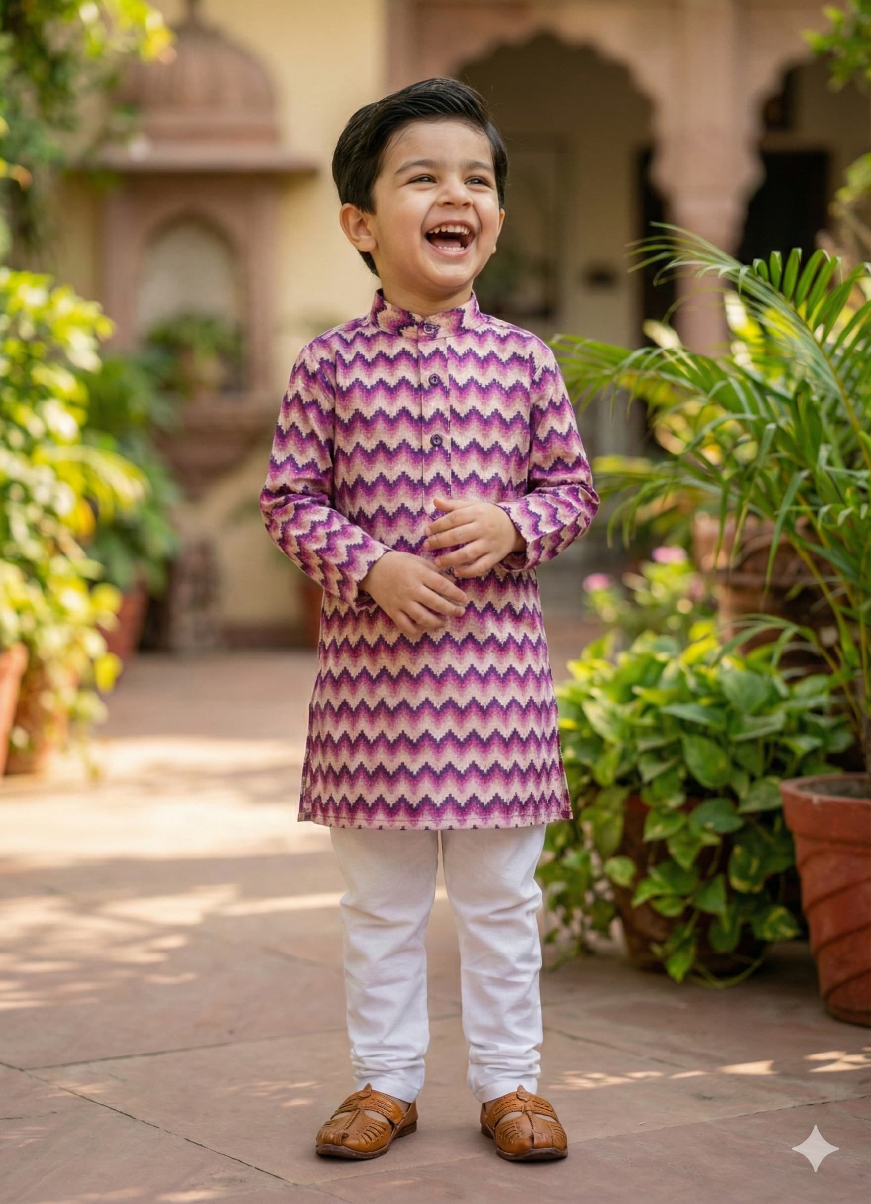 Purple cream zig zag silk kurta pyjama set