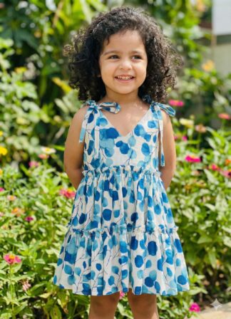 Blue Printed Two Tier Frilled Frock