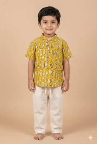 Yellow sanganeri printed short kurta