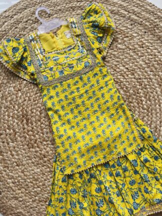 Yellow Sharara with blue Flowers with umbrella Sleeves