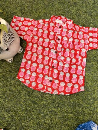 Red pineapple print stand collar pure cotton shirt