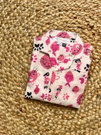 White Pink Meow Print Night Suit