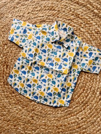 Cream blue yellow elephant print pure cotton shirt