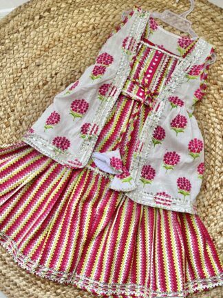 White Pink Buta with Jacket Patterned Sharara Set