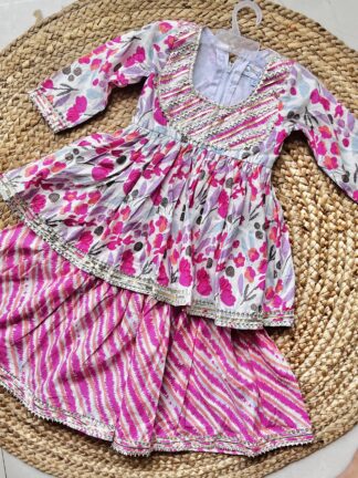 White Pink Flower Sharara with Pony Sleeves