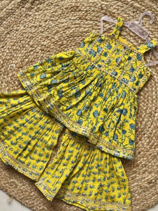 Yellow Sharara with blue Flowers w/o Sleeves