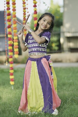 Purple peach and yellow kali lehenga with mirror work blouse