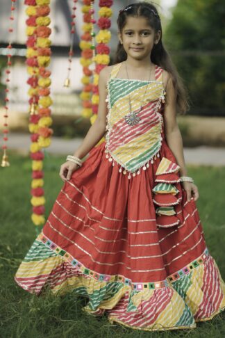 Red lehenga with leheriya frill and patch
