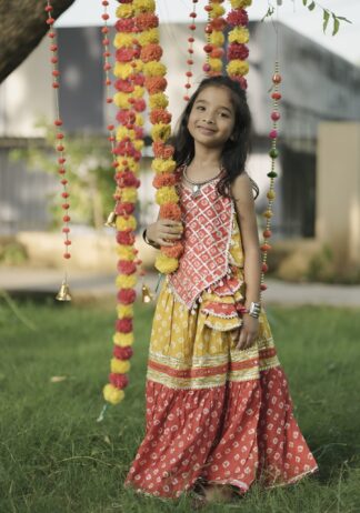 Red and yellow 2 tier bandhni lehenga