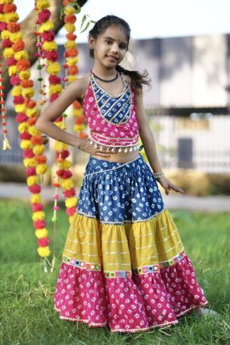 pink blue and yellow three tier lehenga with backless dori blouse