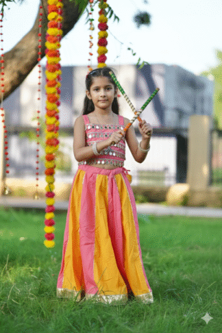 peach yellow kali lehenga with mirror blouse