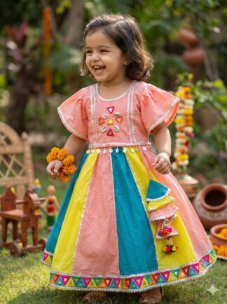 Teal blue peach and yellow kali lehenga with umberalla sleeves blouse