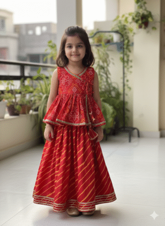 Red yellow leheriya lehenga with red bandhni angrakha peplum